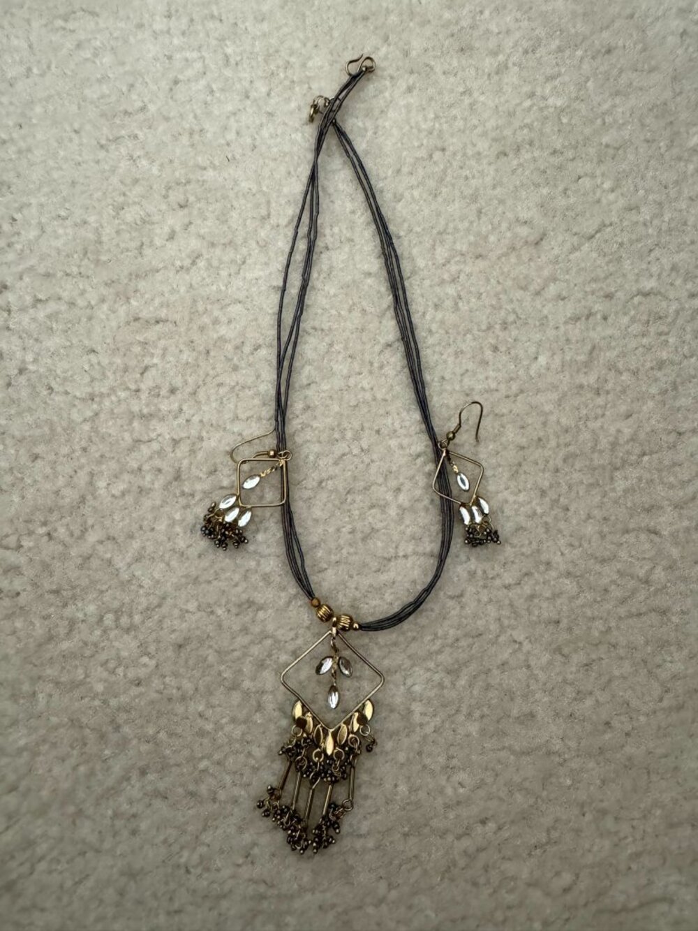 Boho Whimsigoth Bronze Multi-Strand Cord Chandelier Pendant Jewelry Set